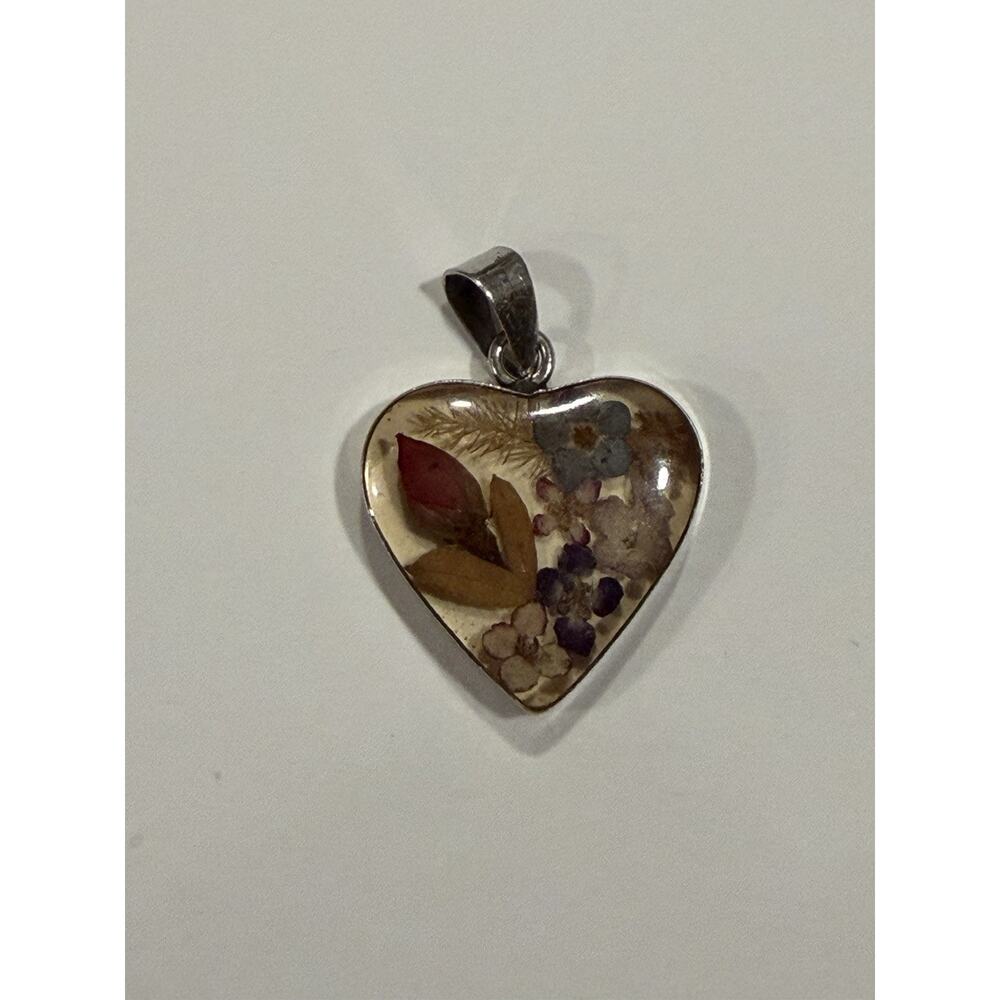ATI Mexico 925 Pressed Flowers Floral Heart Sterling Silver Pendant